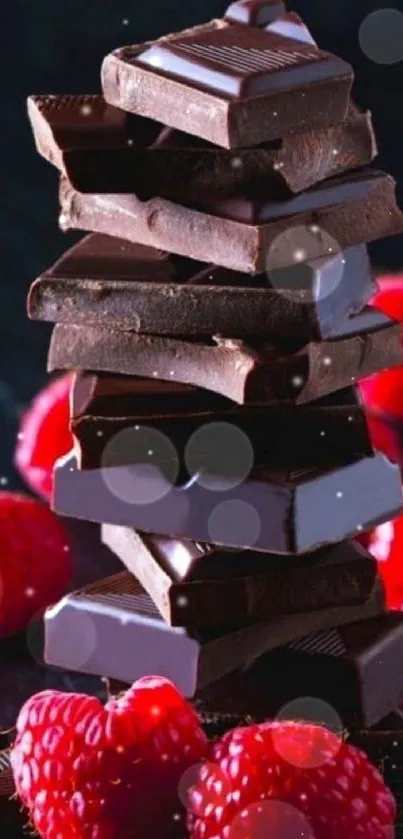 Dark chocolate stack with raspberries.