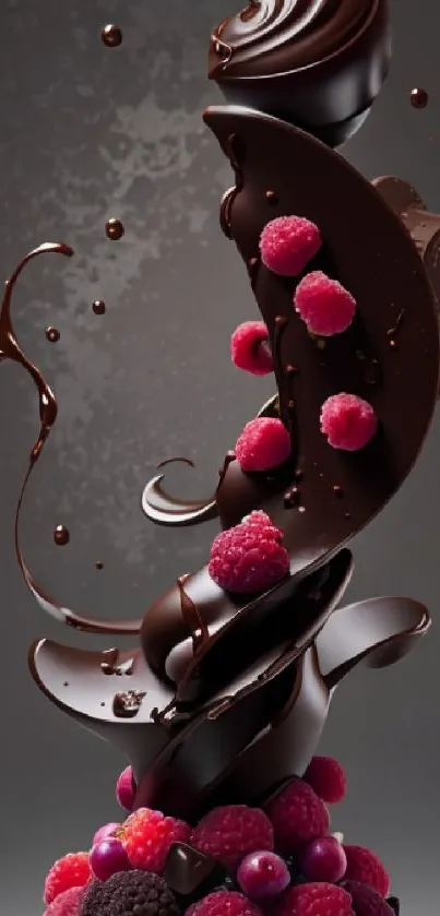 Dark chocolate spirals with raspberries, creating an elegant mobile wallpaper.