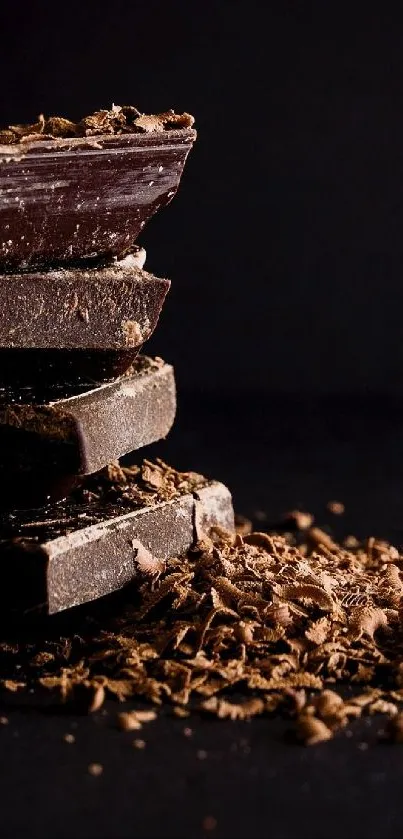 Stack of rich dark chocolate blocks with shavings.