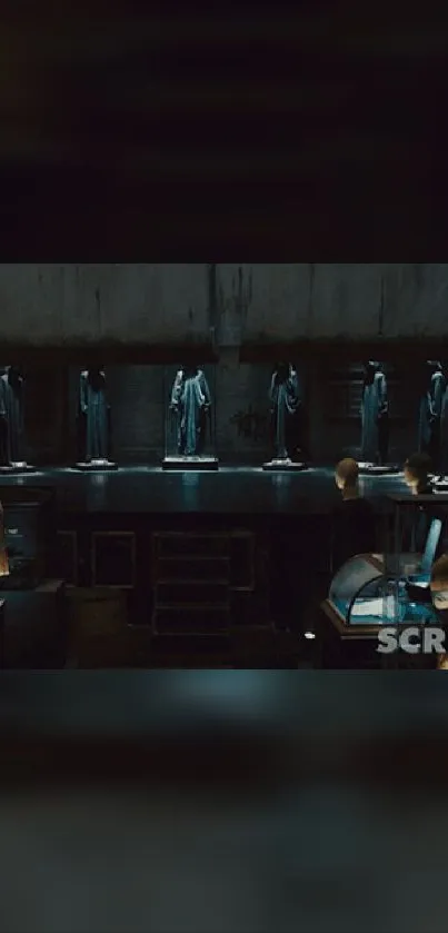 Mysterious dark office scene with statues and an eerie atmosphere.