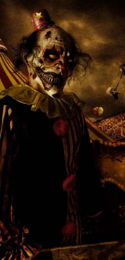 Scary clown in a dark circus setting, evoking a horror atmosphere.