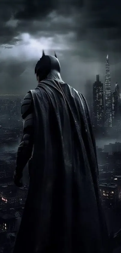 Silhouetted hero overlooking a dark city.