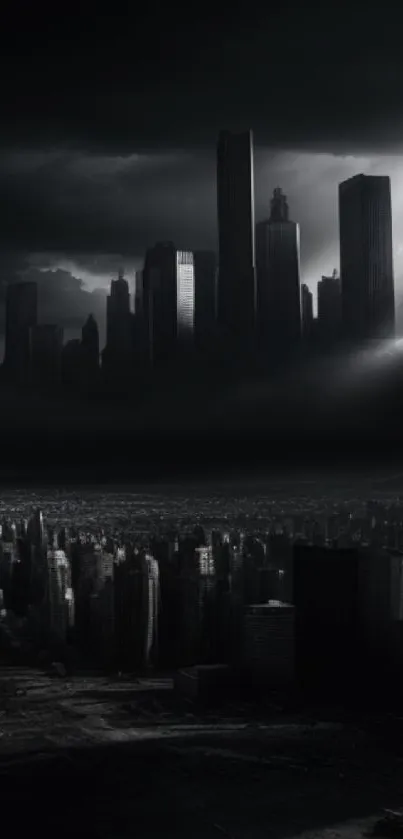 Futuristic dark cityscape with clouds and light beams.