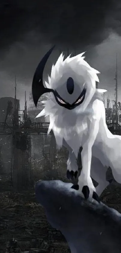 White creature overlooking a dark cityscape with grayscale tones.