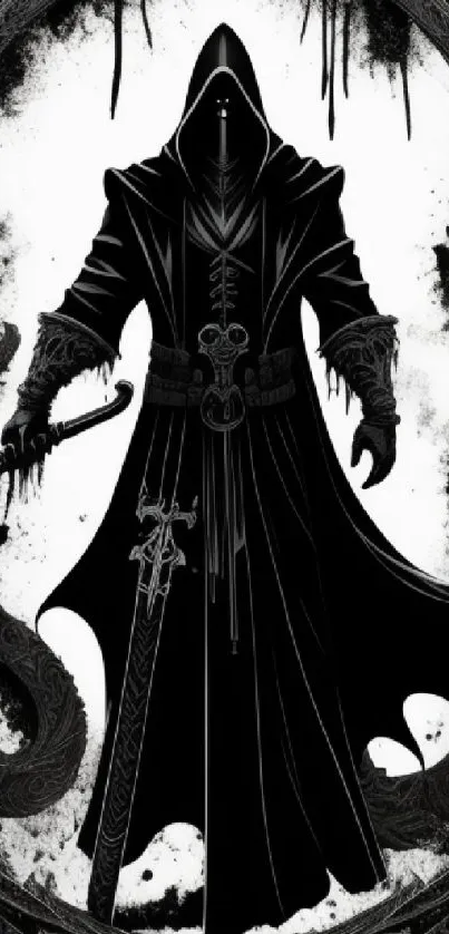 Dark cloaked warrior with sword in gothic style.