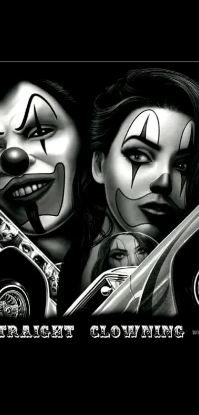 Striking black and white clown art wallpaper with dramatic expression.