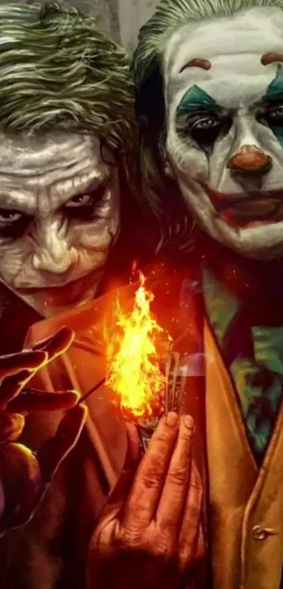 Dark themed clown duo with burning flames, artistic wallpaper.