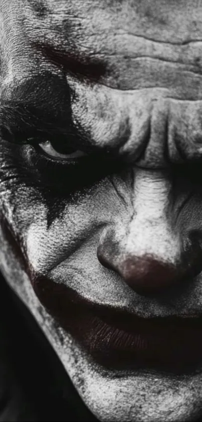 Dark, moody clown portrait wallpaper in black and white with a dramatic expression.