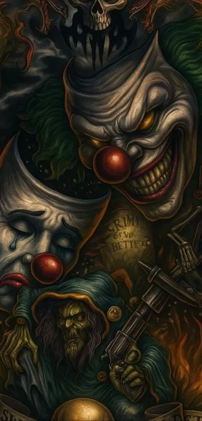 Dark clown horror art with flames and masks in a gothic style.