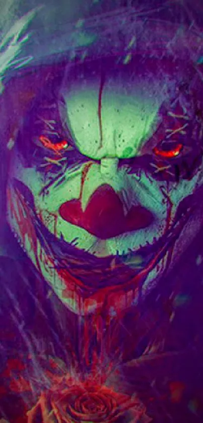 Dark and sinister clown face wallpaper with eerie lighting.