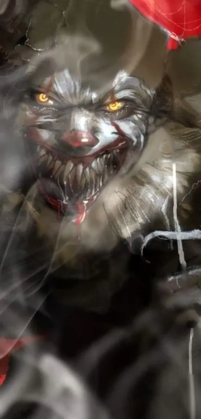 Creepy dark clown with yellow eyes holding a red balloon.