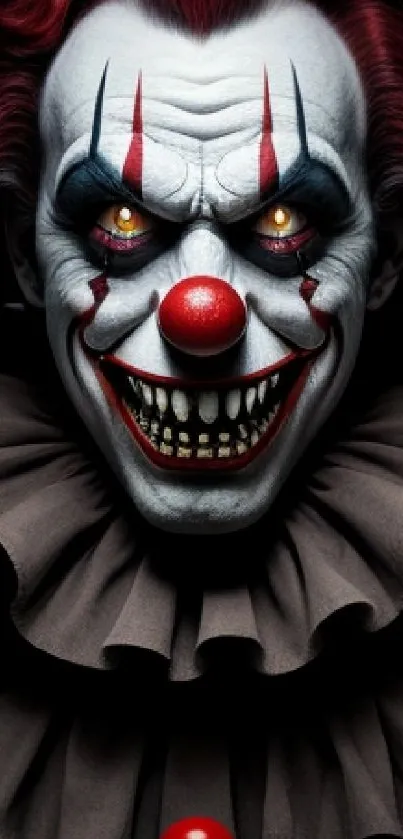 Sinister dark clown with red eyes, ruffled collar, and an eerie smile.