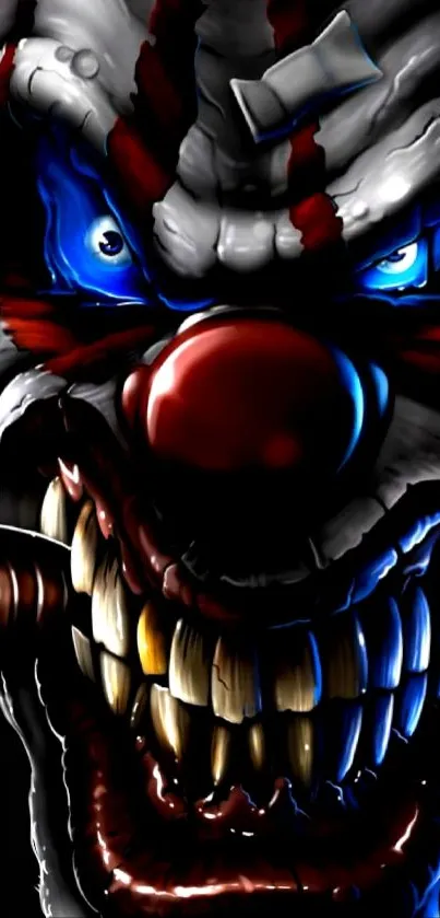 Dark clown face with intense expression and vibrant colors, perfect for horror theme.