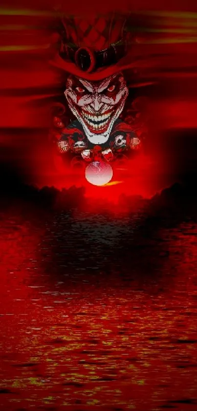 Dark clown face over glowing red ocean at night.