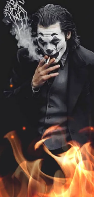 Dark suited clown with smoke, enigmatic mood.