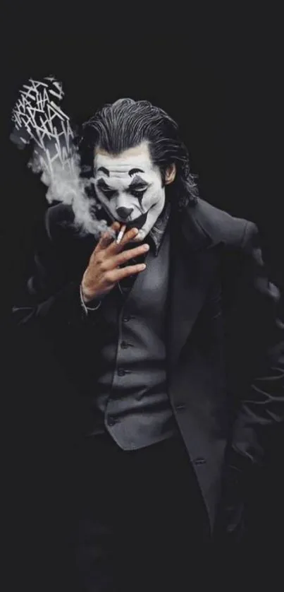 Dark-suited clown exhaling smoke in a mysterious mobile wallpaper.