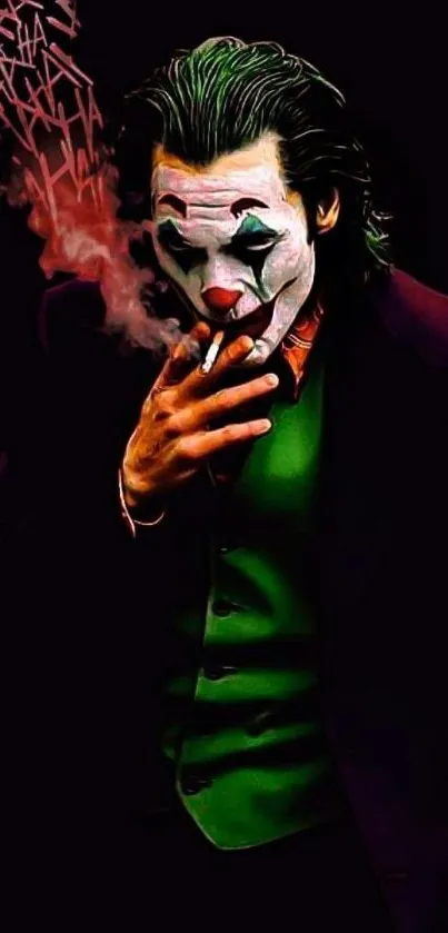 A dark, mysterious clown in a vibrant green suit smoking.