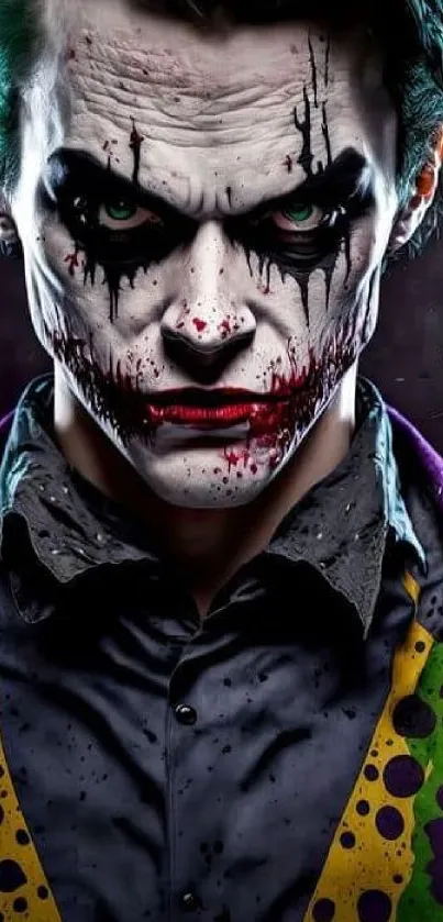 Mysterious clown character with dramatic makeup and vibrant colors wallpaper.