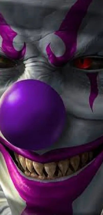 Dark clown with purple features, red eyes.