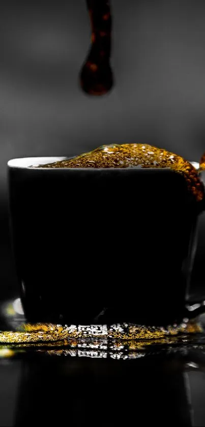 Dynamic coffee splash in black mug wallpaper.