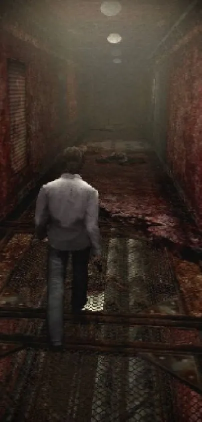 Dark corridor with figure in eerie video game wallpaper.