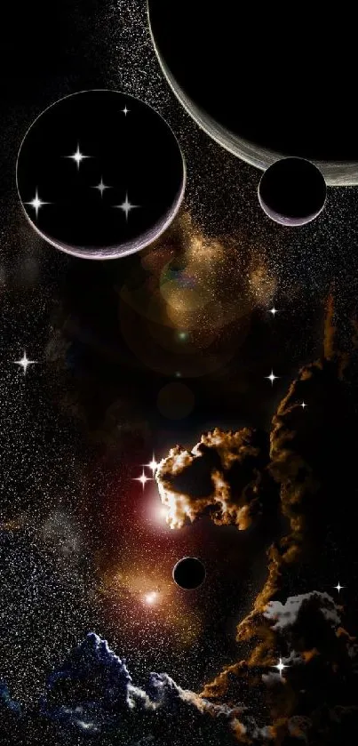 Dark universe mobile wallpaper with planets.