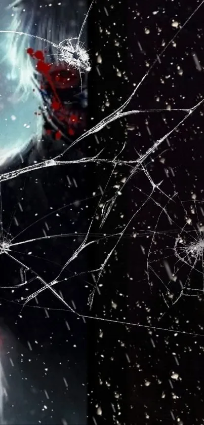 Dark cracked glass wallpaper with a mysterious shadow.