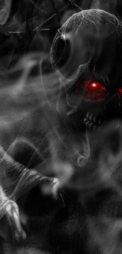 Dark creature with red eyes in eerie mobile wallpaper.