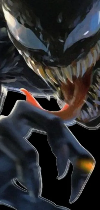 Dark creature with sharp teeth and bright eyes on a mobile wallpaper.