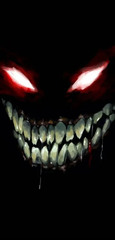 Creepy monster with glowing eyes and sharp teeth on a black background wallpaper.