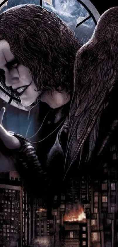 Gothic dark art with crow on city background.