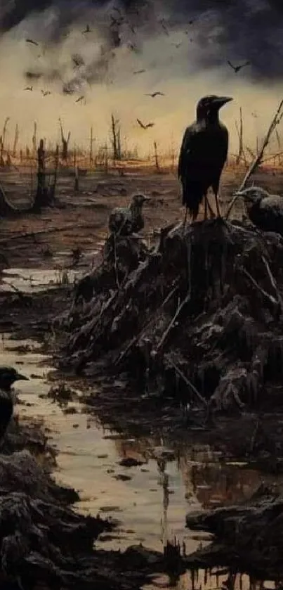 Dark crows perch on barren land under a stormy sky.