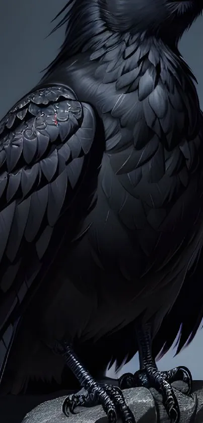 Detailed black crow with red eye perched on stone.