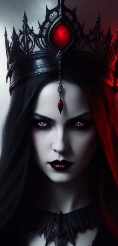 Dark sorceress with crown and red eyes in gothic fantasy wallpaper.