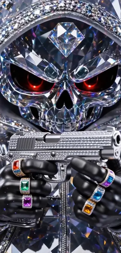 Crystal skull with gemstones and diamond hoodie.