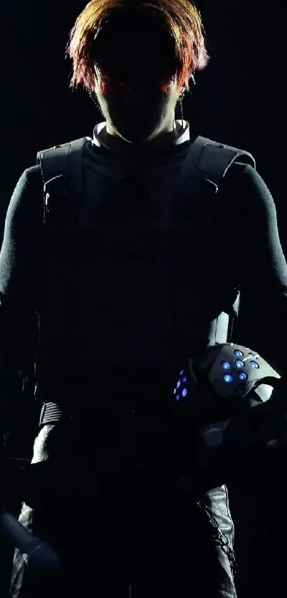 Silhouette of a cybernetic hero against a dark background.