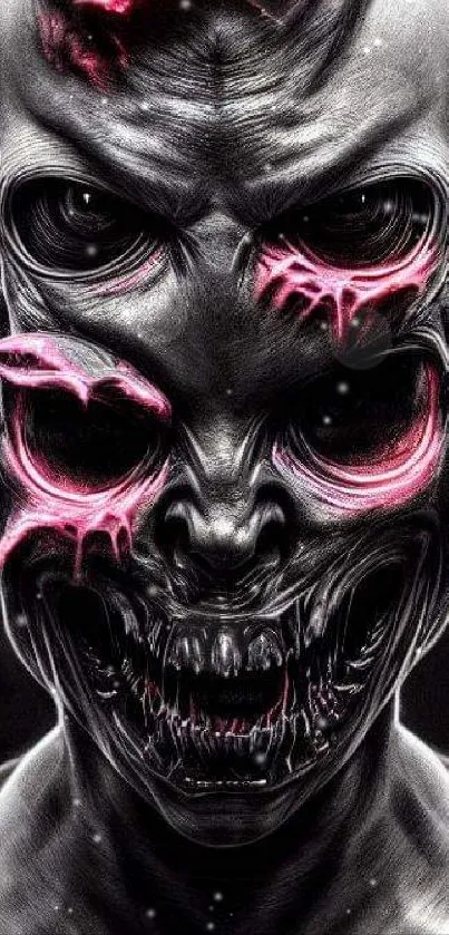 Cybernetic skull with pink neon highlights against a black backdrop.