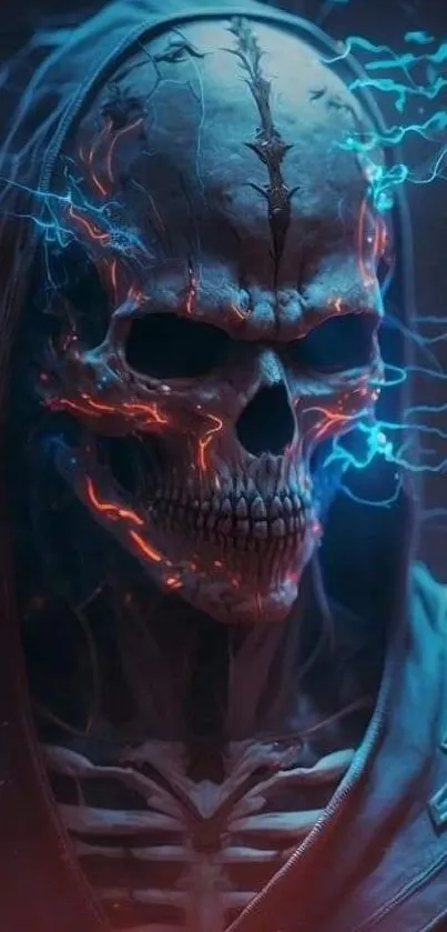 Cybernetic skull with blue lightning and dark theme.