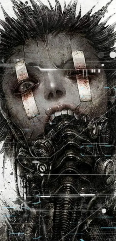 Surreal cyberpunk art wallpaper with dark gothic elements and futuristic design.