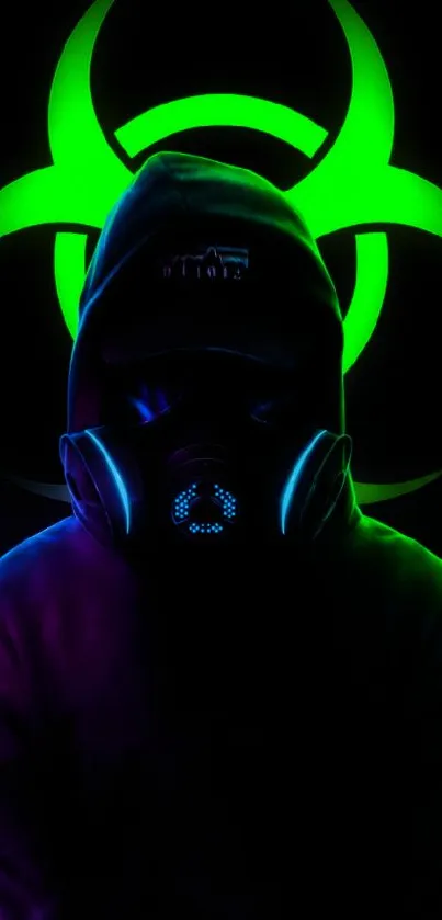 Cyberpunk biohazard mask with neon design on a dark background.