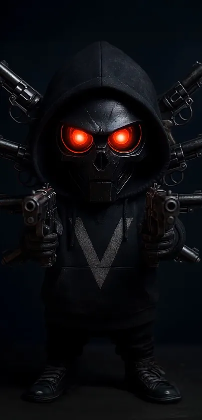 Hooded figure with glowing red eyes and guns, cyberpunk theme.