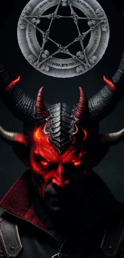 Demon with glowing eyes under a pentagram, dark and mystical mobile wallpaper.