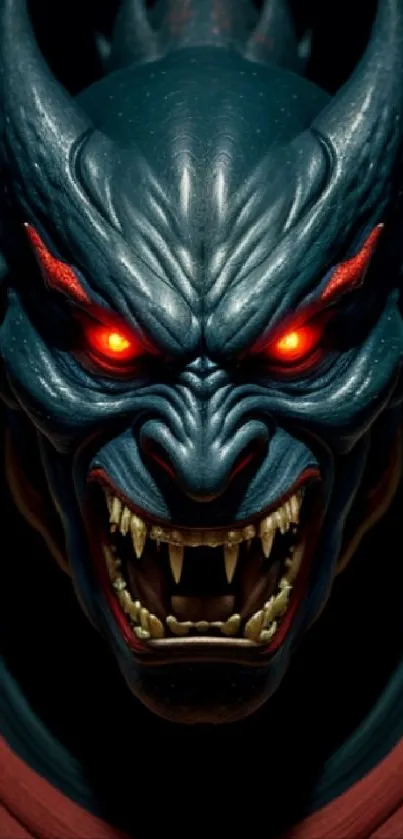 Dark demon face with glowing red eyes.