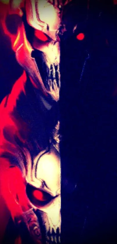 Dark demon inspired mobile wallpaper with vibrant red and blue hues.