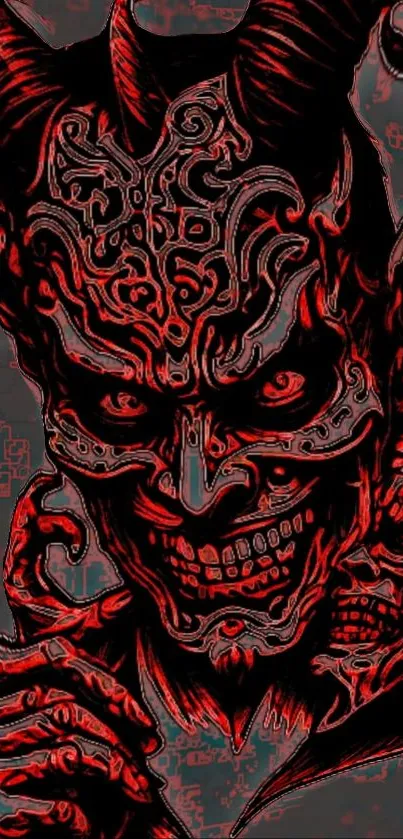 Dark demon illustration with red accents on black background.