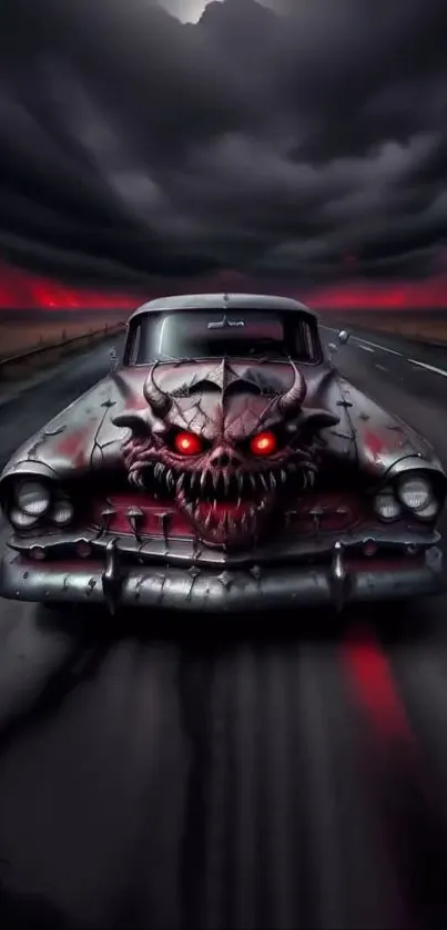 Demon car with glowing red eyes on a dark road at night.