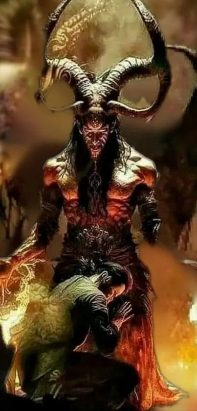 Dark horned demon fantasy art with eerie, mystical background.