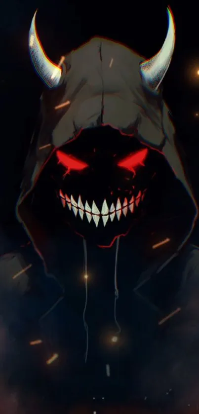 Dark hooded demon with glowing red eyes and horns, mysterious atmosphere.