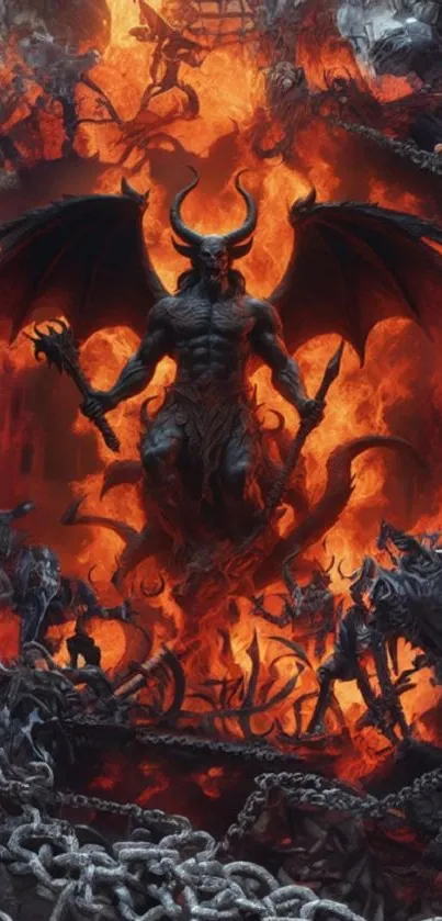 Demon in fiery inferno with chains and dark gothic elements.