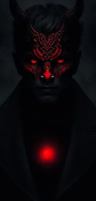 Dark figure with glowing red demon mask and eerie background.